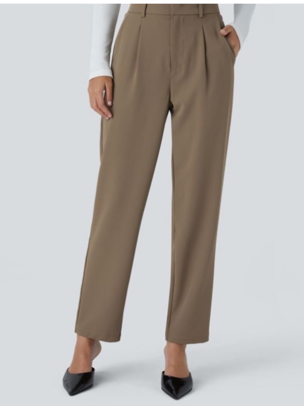 Halara High Waisted Pleated Straight Leg Work Pants Brown Medium
